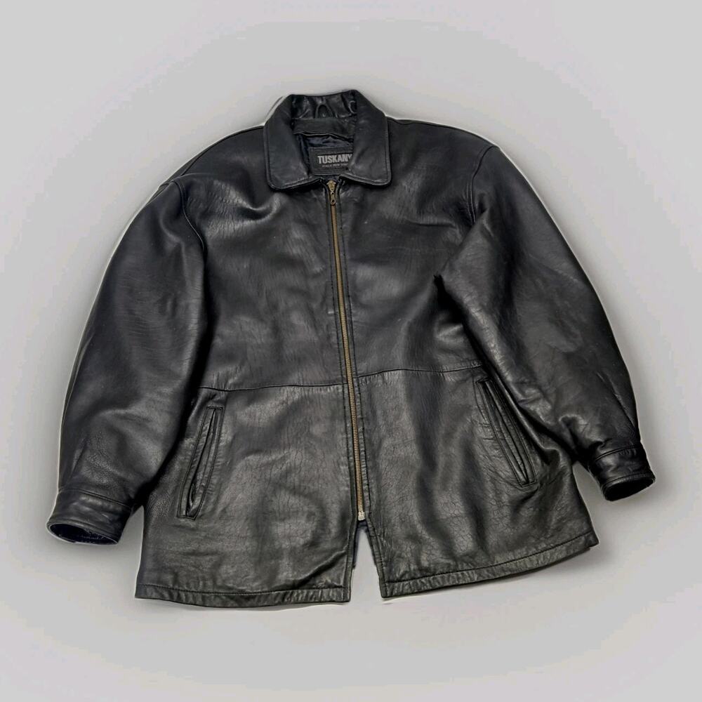 Vintage Tuskany Italian Leather Jacket Black Midi Coat Men's Large